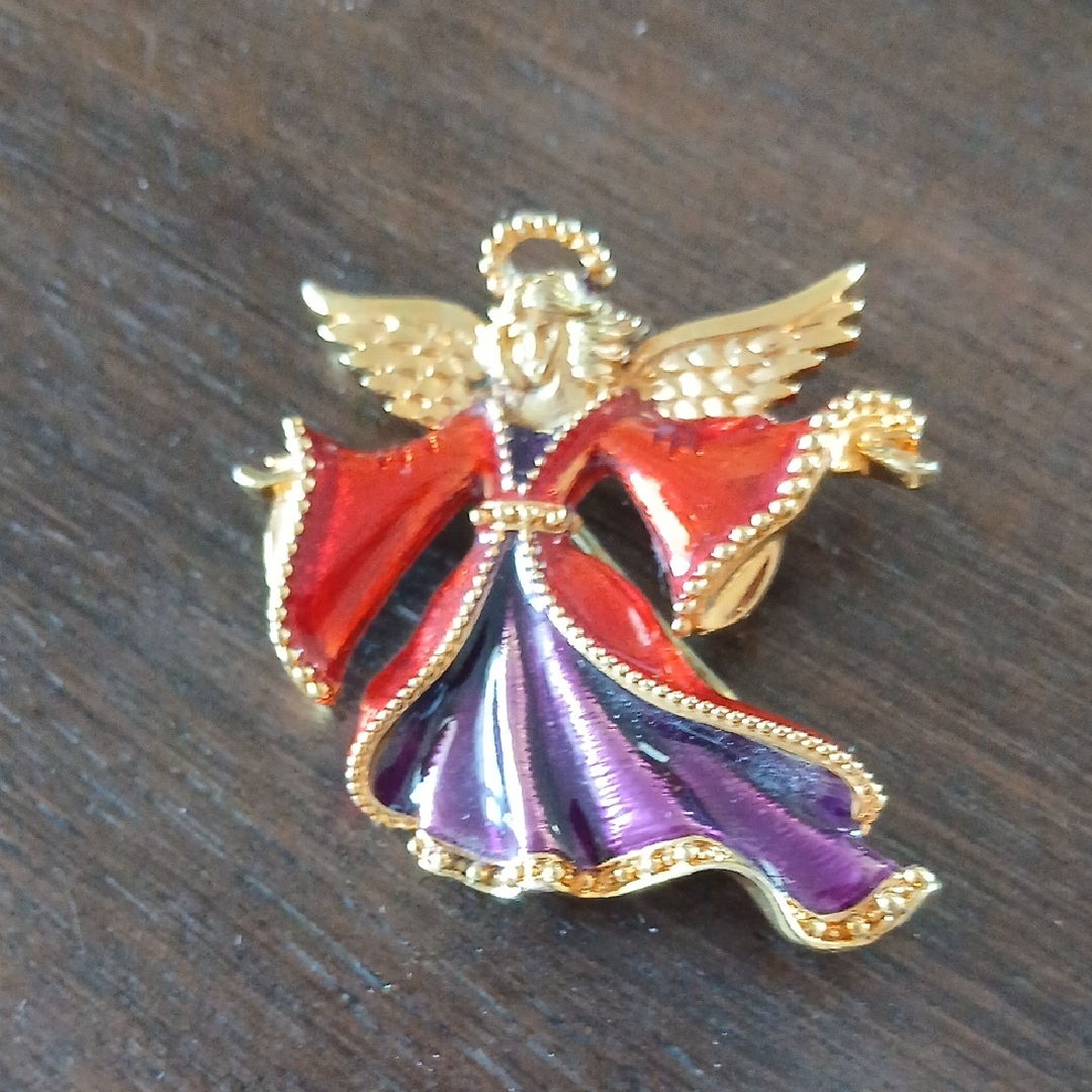 Elegant Christopher Radko Marked Gold, Red Purple Enamel Holiday Angel Brooch